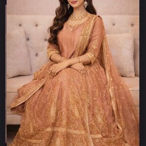 Pakistani 3 piece lengah Elegant Gold Embroidered Dress